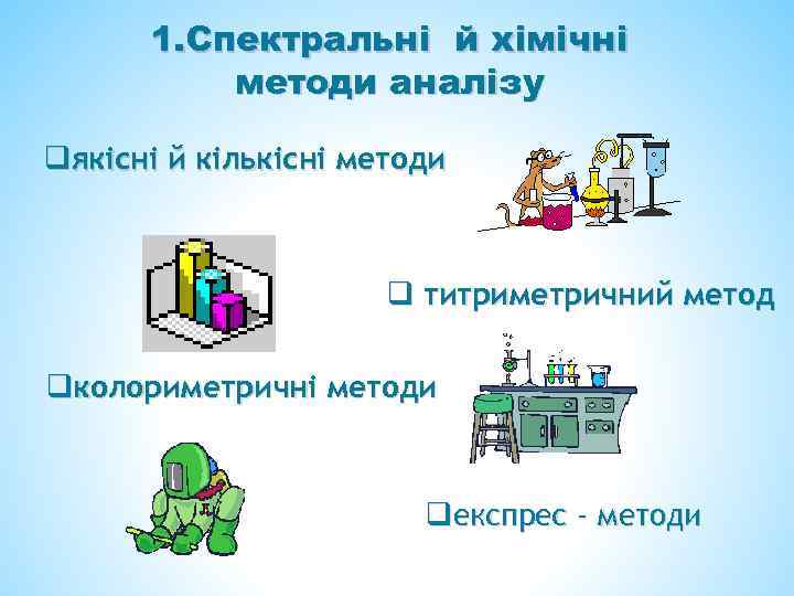1. Спектральні й хімічні методи аналізу qякісні й кількісні методи q титриметричний метод qколориметричні