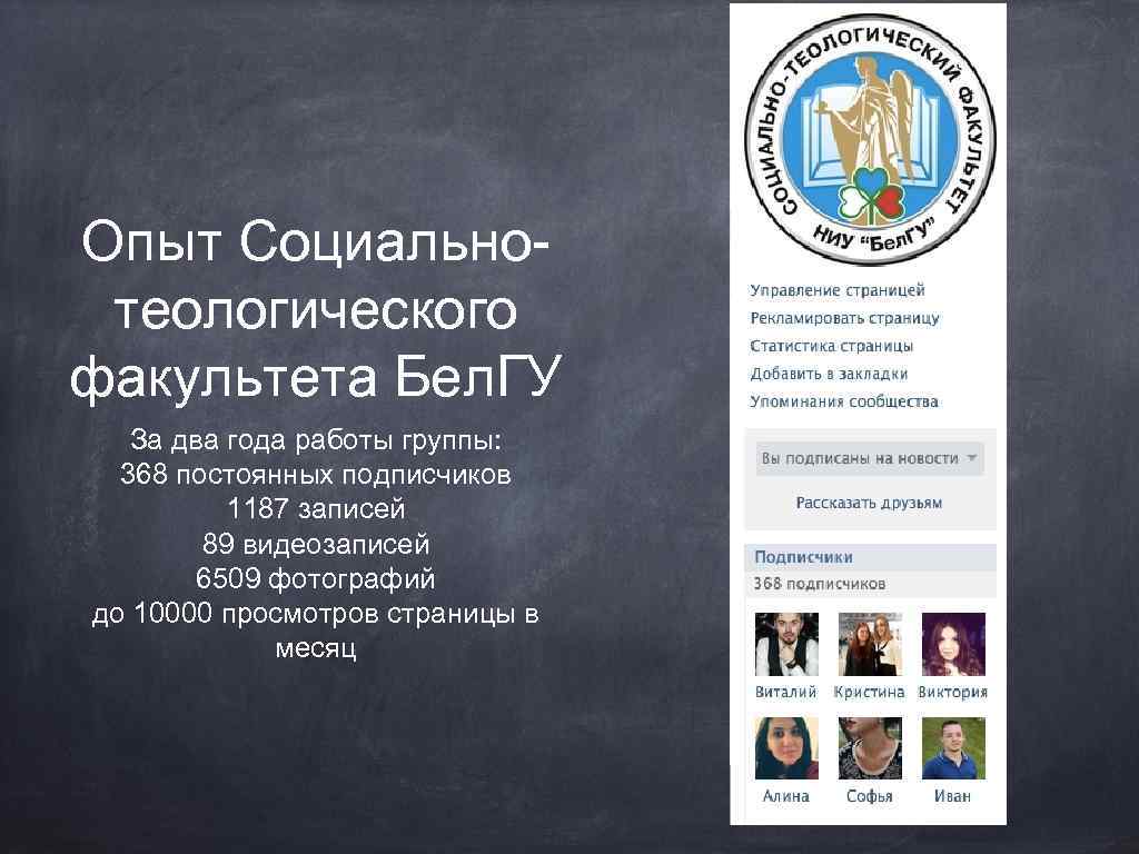 Опыт Социальнотеологического факультета Бел. ГУ За два года работы группы: 368 постоянных подписчиков 1187