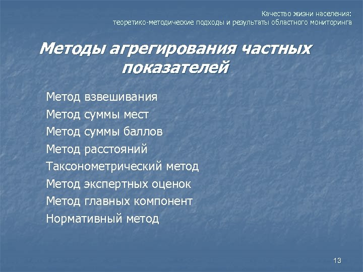Качество жизни населения: теоретико-методические подходы и результаты областного мониторинга Методы агрегирования частных показателей Метод