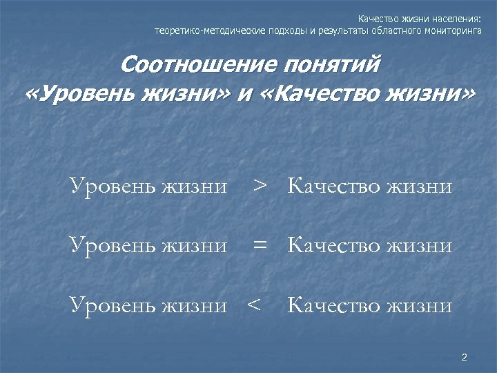 Качество жизни населения: теоретико-методические подходы и результаты областного мониторинга Соотношение понятий «Уровень жизни» и