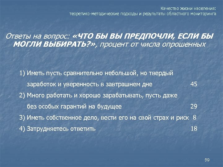 Качество жизни населения: теоретико-методические подходы и результаты областного мониторинга Ответы на вопрос: «ЧТО БЫ
