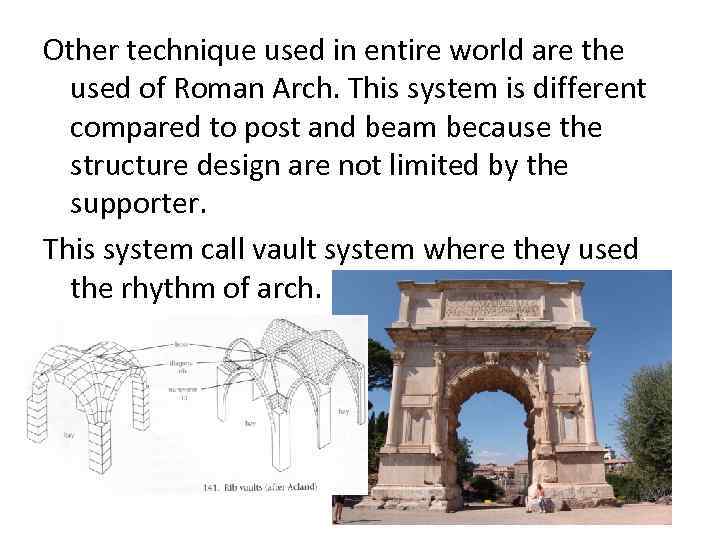 Other technique used in entire world are the used of Roman Arch. This system