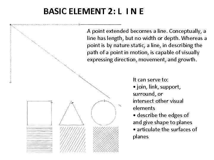 BASIC ELEMENT 2: L I N E A point extended becomes a line. Conceptually,