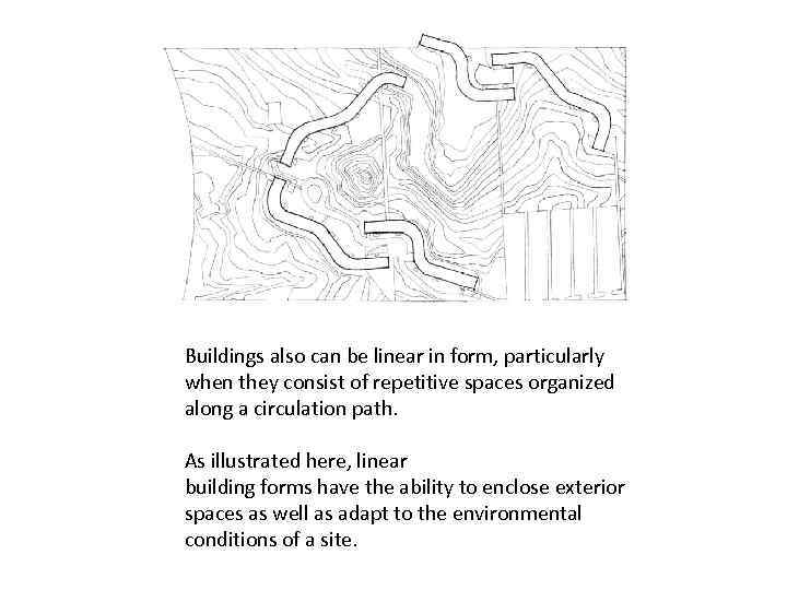 Buildings also can be linear in form, particularly when they consist of repetitive spaces