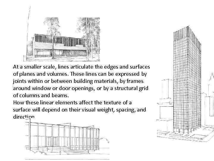 At a smaller scale, lines articulate the edges and surfaces of planes and volumes.