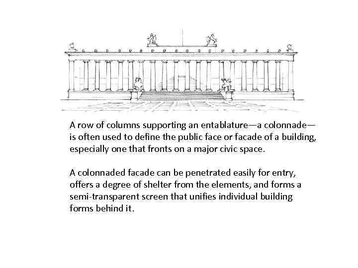 A row of columns supporting an entablature—a colonnade— is often used to define the