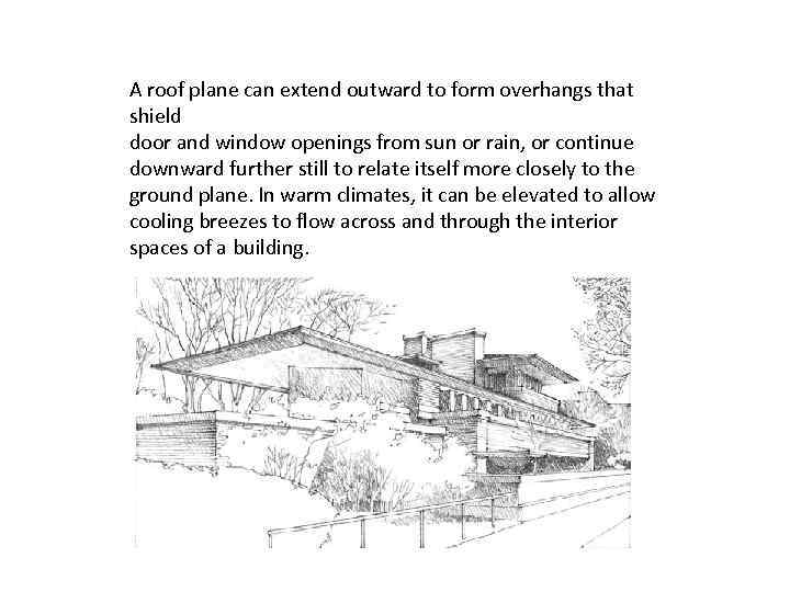 A roof plane can extend outward to form overhangs that shield door and window