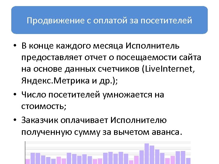 Продвижение с оплатой за посетителей • В конце каждого месяца Исполнитель предоставляет отчет о