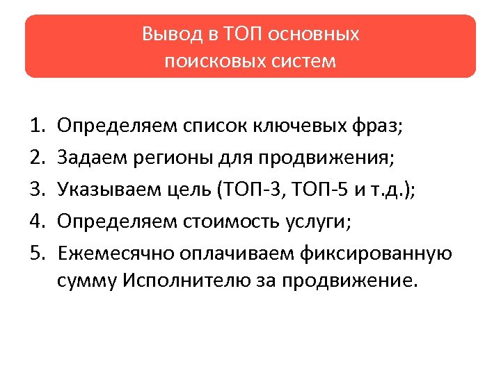 Вывод в ТОП основных поисковых систем 1. 2. 3. 4. 5. Определяем список ключевых