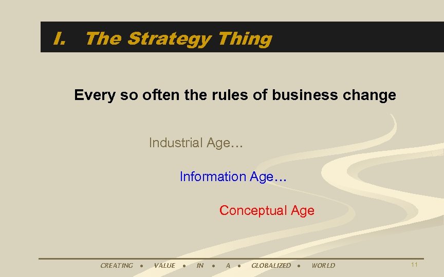 I. The Strategy Thing Every so often the rules of business change Industrial Age…