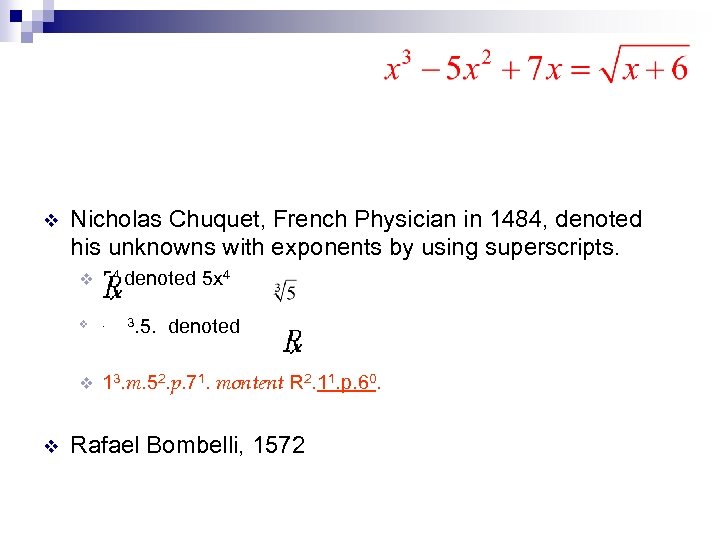 v Nicholas Chuquet, French Physician in 1484, denoted his unknowns with exponents by using