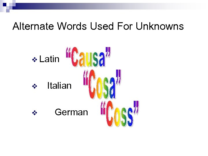 Alternate Words Used For Unknowns v Latin v v Italian German 