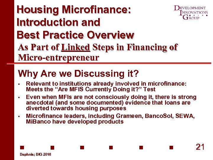 Housing Microfinance: Introduction and Best Practice Overview As Part of Linked Steps in Financing