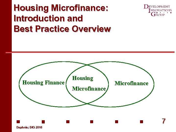Housing Microfinance: Introduction and Best Practice Overview Housing Finance Housing Microfinance 7 Daphnis; DIG