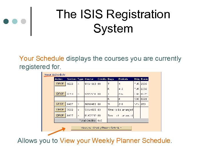 The ISIS Registration System Your Schedule displays the courses you are currently registered for.