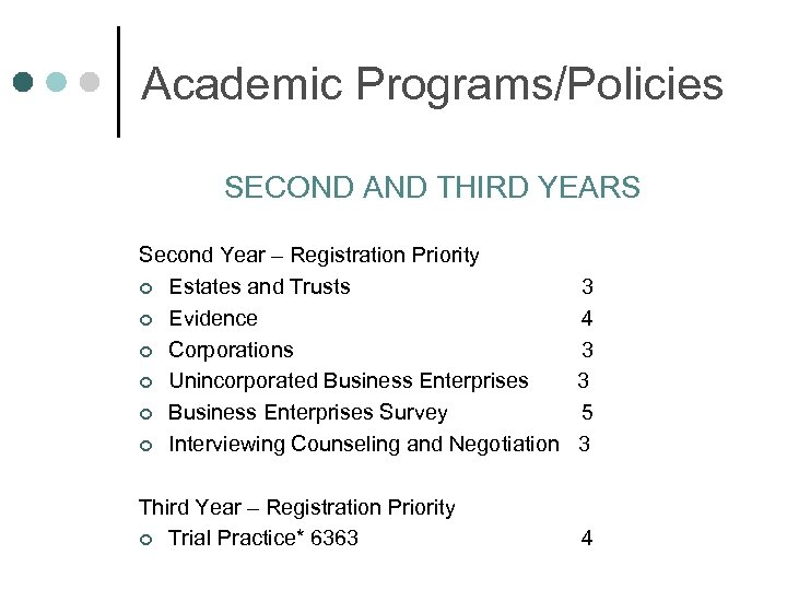 Academic Programs/Policies SECOND AND THIRD YEARS Second Year – Registration Priority ¢ Estates and