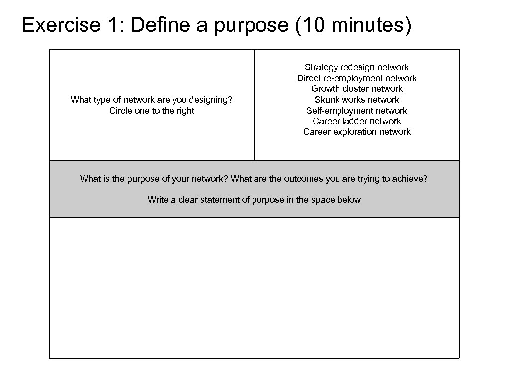 Exercise 1: Define a purpose (10 minutes) What type of network are you designing?