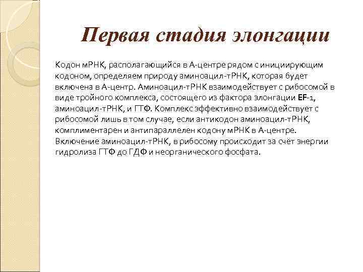 Первая стадия элонгации Кодон м. РНК, располагающийся в А-центре рядом с инициирующим кодоном, определяем