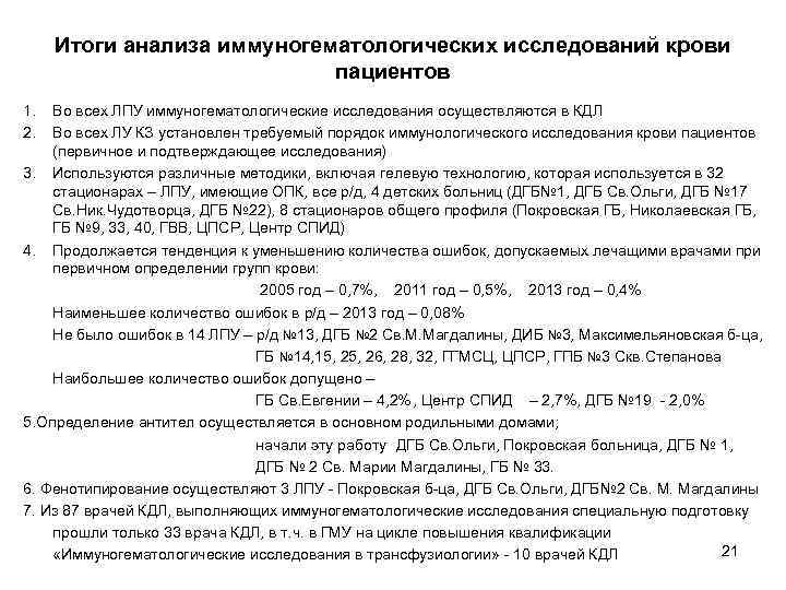 Итоги анализа иммуногематологических исследований крови пациентов 1. 2. Во всех ЛПУ иммуногематологические исследования осуществляются