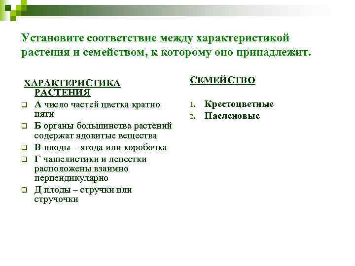 Установите соответствие между характеристикой растения и семейством, к которому оно принадлежит. ХАРАКТЕРИСТИКА РАСТЕНИЯ q