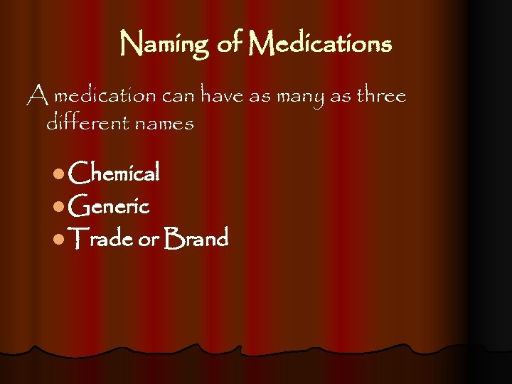 Naming of Medications A medication can have as many as three different names l