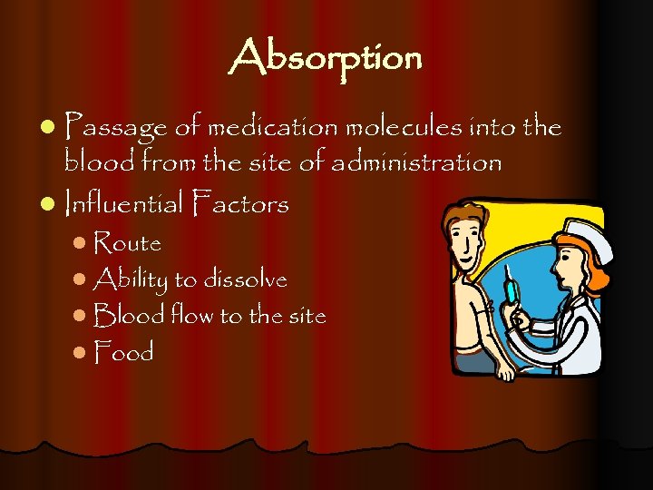 Absorption l Passage of medication molecules into the blood from the site of administration