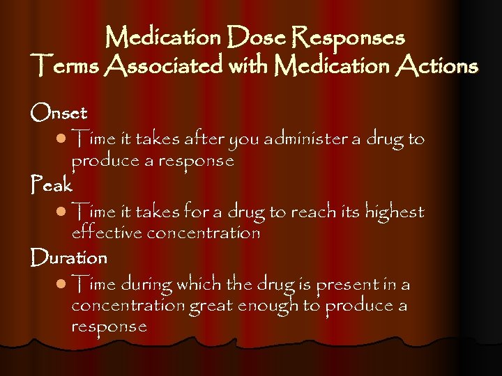 Medication Dose Responses Terms Associated with Medication Actions Onset l Time it takes after