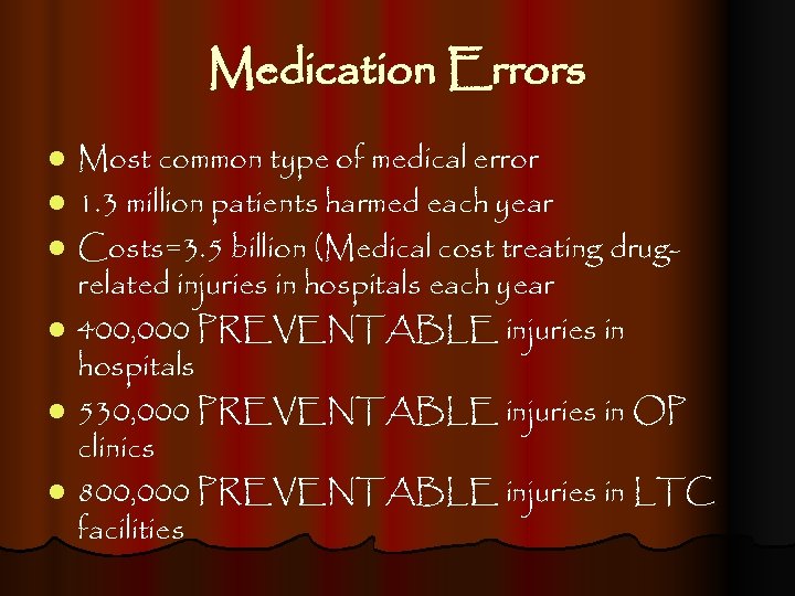 Medication Errors l l l Most common type of medical error 1. 3 million