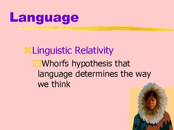 Language z. Linguistic Relativity y. Whorfs hypothesis that language determines the way we think