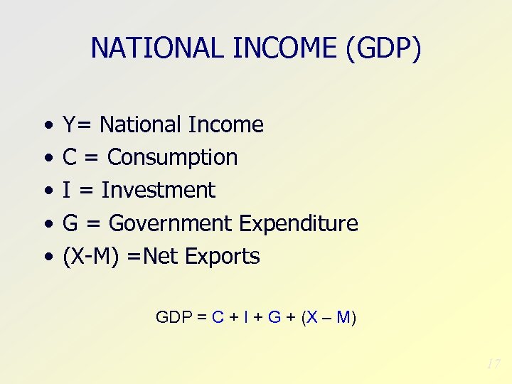 NATIONAL INCOME (GDP) • • • Y= National Income C = Consumption I =