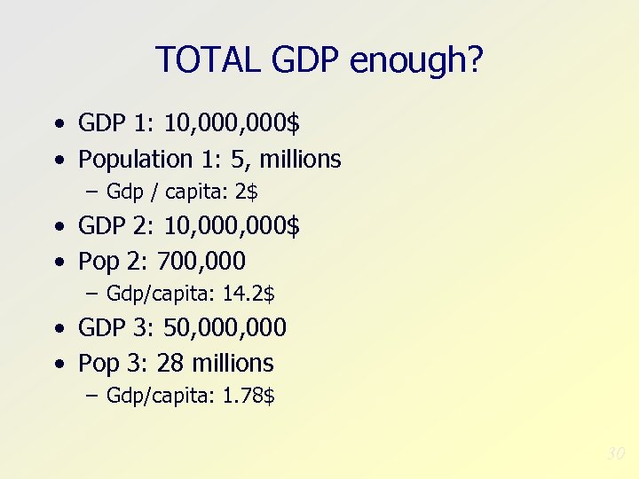 TOTAL GDP enough? • GDP 1: 10, 000$ • Population 1: 5, millions –