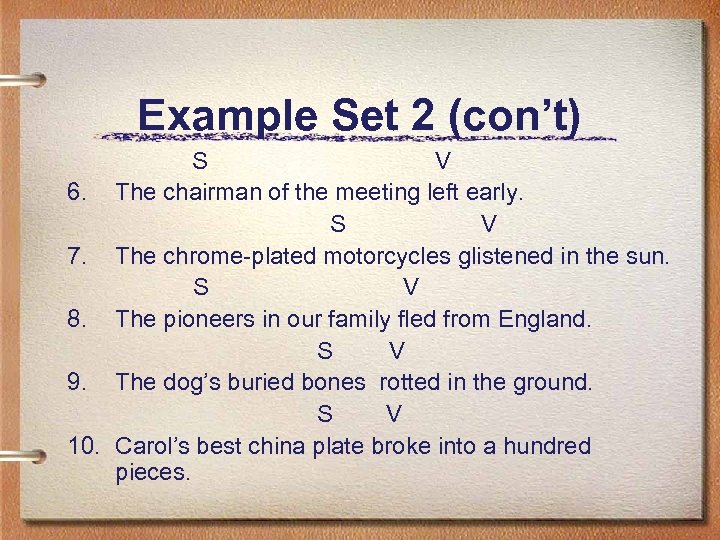 Example Set 2 (con’t) S V 6. The chairman of the meeting left early.