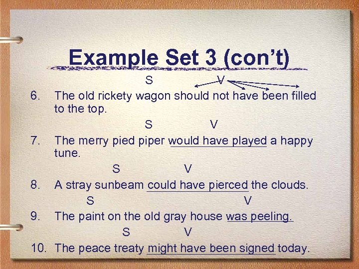 Example Set 3 (con’t) S V 6. The old rickety wagon should not have