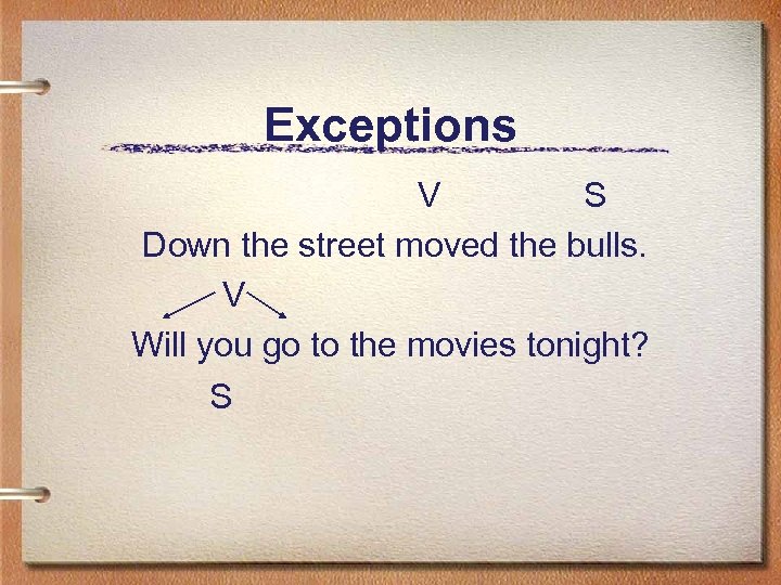 Exceptions V S Down the street moved the bulls. V Will you go to