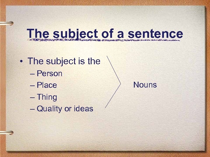 The subject of a sentence • The subject is the – Person – Place