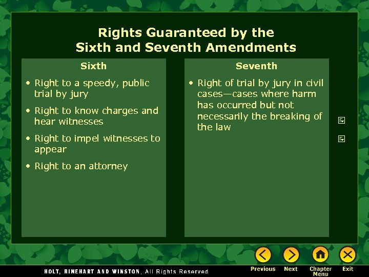 Rights Guaranteed by the Sixth and Seventh Amendments Sixth • Right to a speedy,