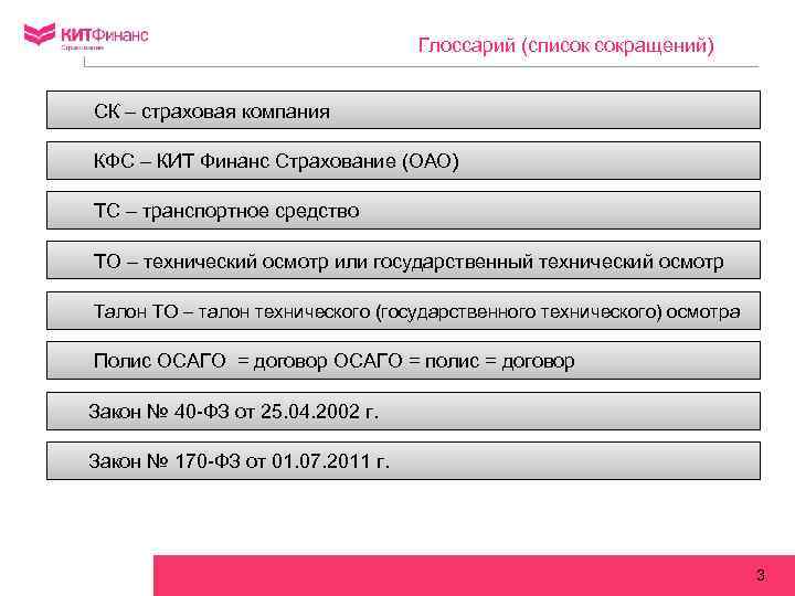 Глоссарий (список сокращений) СК – страховая компания КФС – КИТ Финанс Страхование (ОАО) ТС