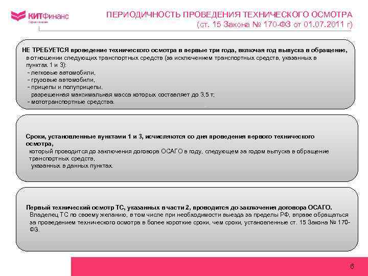 ПЕРИОДИЧНОСТЬ ПРОВЕДЕНИЯ ТЕХНИЧЕСКОГО ОСМОТРА (ст. 15 Закона № 170 -ФЗ от 01. 07. 2011