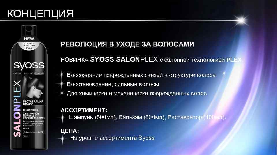 КОНЦЕПЦИЯ РЕВОЛЮЦИЯ В УХОДЕ ЗА ВОЛОСАМИ НОВИНКА SYOSS SALONPLEX с салонной технологией PLEX. Воссоздание