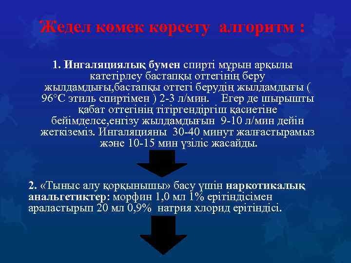 Жедел көмек көрсету алгоритм : 1. Ингаляциялық бумен спирті мұрын арқылы катетірлеу бастапқы оттегінің