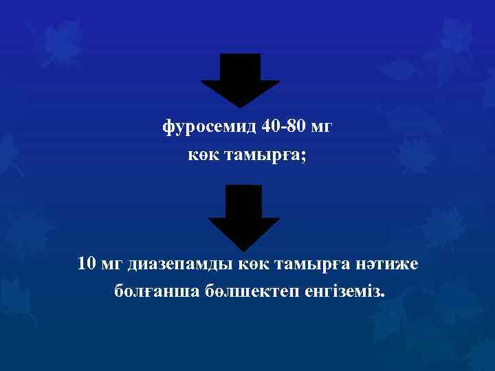 фуросемид 40 -80 мг көк тамырға; 10 мг диазепамды көк тамырға нәтиже болғанша бөлшектеп