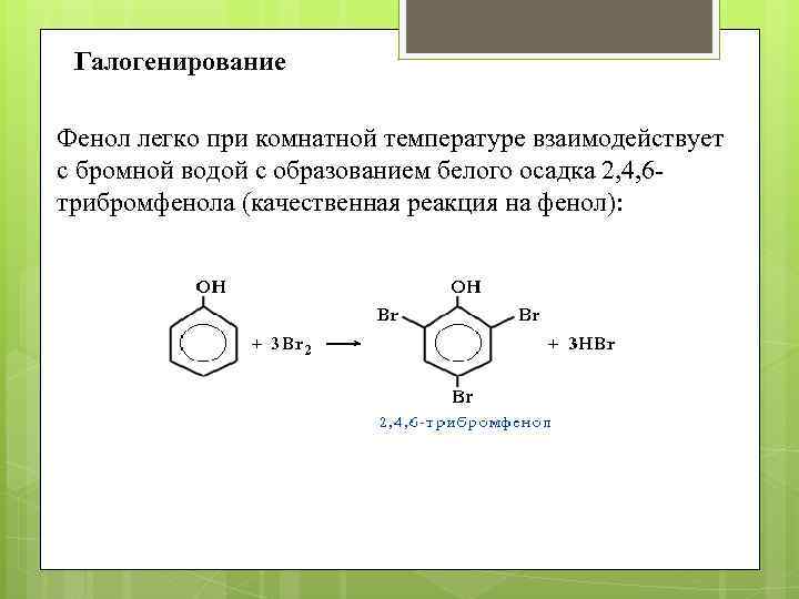 Галогенирование Фенол легко при комнатной температуре взаимодействует с бромной водой с образованием белого осадка