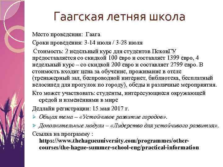 Гаагская летняя школа Место проведения: Гаага Сроки проведения: 3 -14 июля / 3 -28