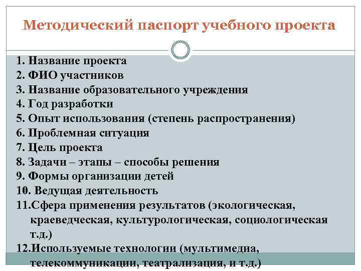 Методический паспорт учебного проекта 1. Название проекта 2. ФИО участников 3. Название образовательного учреждения