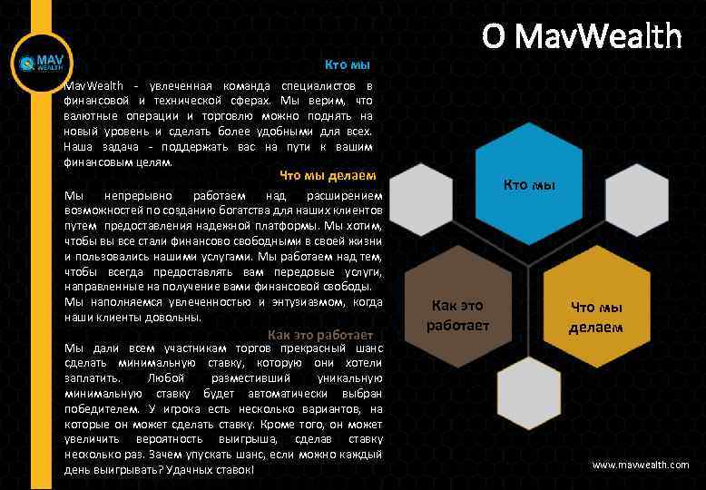 Кто мы О Mav. Wealth - увлеченная команда специалистов в финансовой и технической сферах.