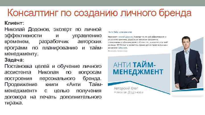  Консалтинг по созданию личного бренда Клиент: Николай Додонов, эксперт по личной эффективности и