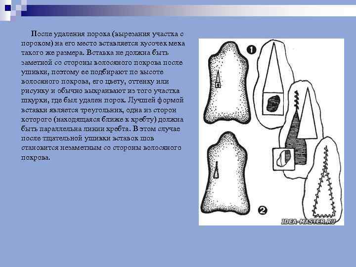  После удаления порока (вырезания участка с пороком) на его место вставляется кусочек меха