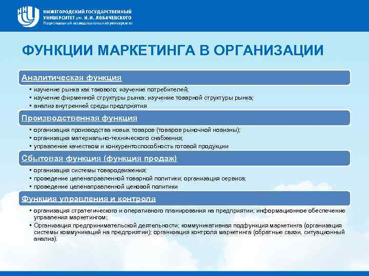 ФУНКЦИИ МАРКЕТИНГА В ОРГАНИЗАЦИИ Аналитическая функция • изучение рынка как такового; изучение потребителей; •