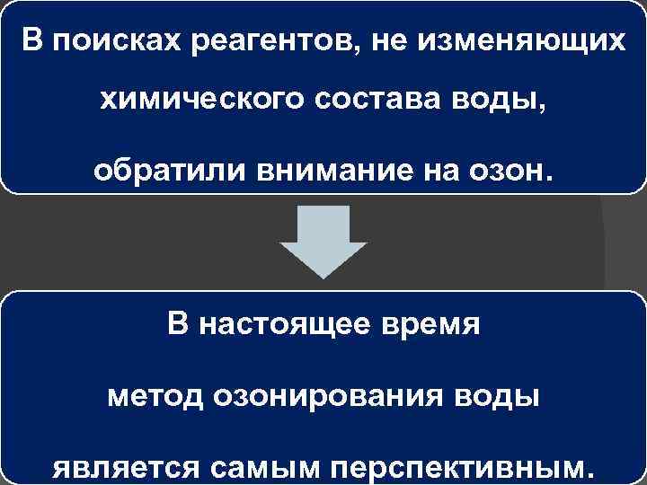 В поисках реагентов, не изменяющих химического состава воды, обратили внимание на озон. В настоящее