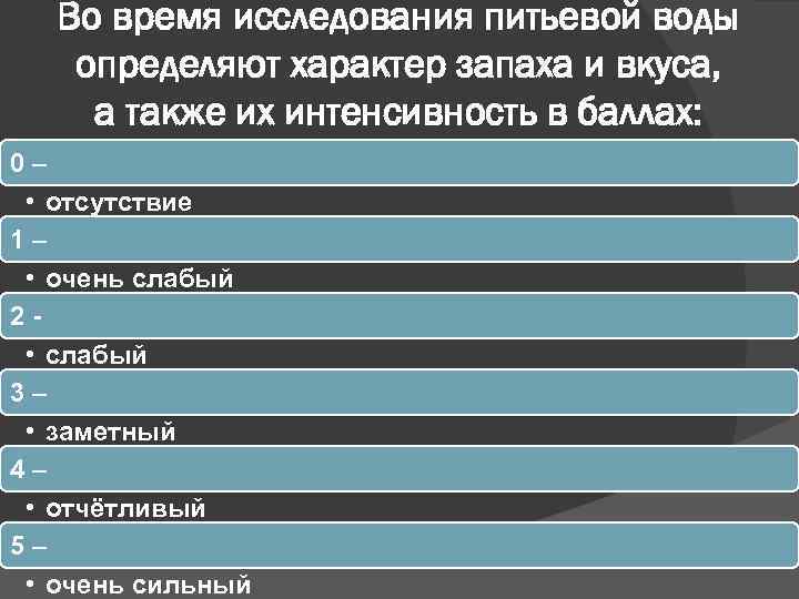 Во время исследования питьевой воды определяют характер запаха и вкуса, а также их интенсивность